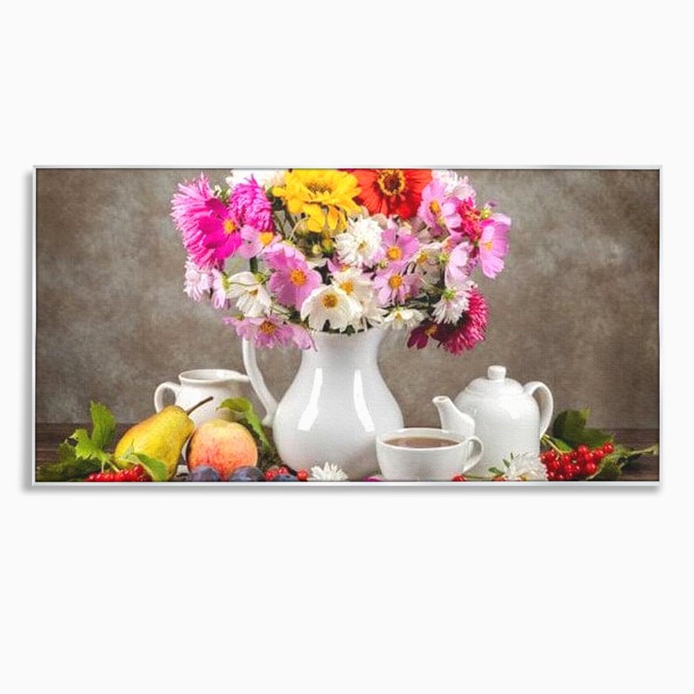Tablou canvas cu natura moarta cu flori si fructe, in rama de aluminiu argintiu
