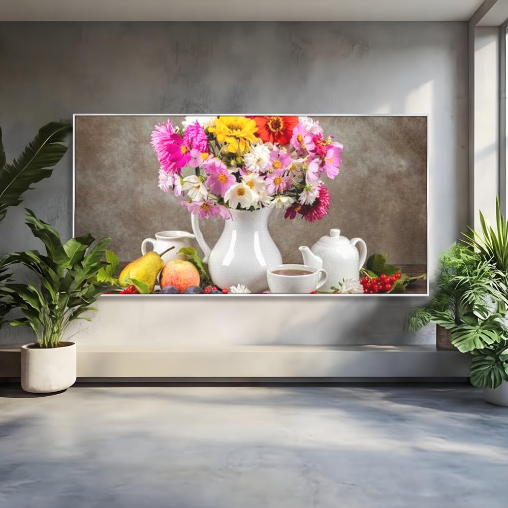 Tablou canvas cu natura moarta cu flori si fructe, in rama de aluminiu argintiu