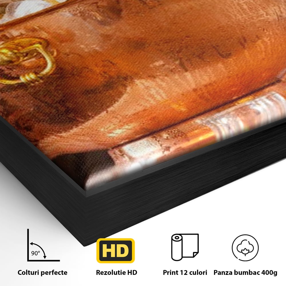 Detaliu al suprafetei: tablou canvas cu sticle in frapiera de cupru, in rama de aluminiu negru