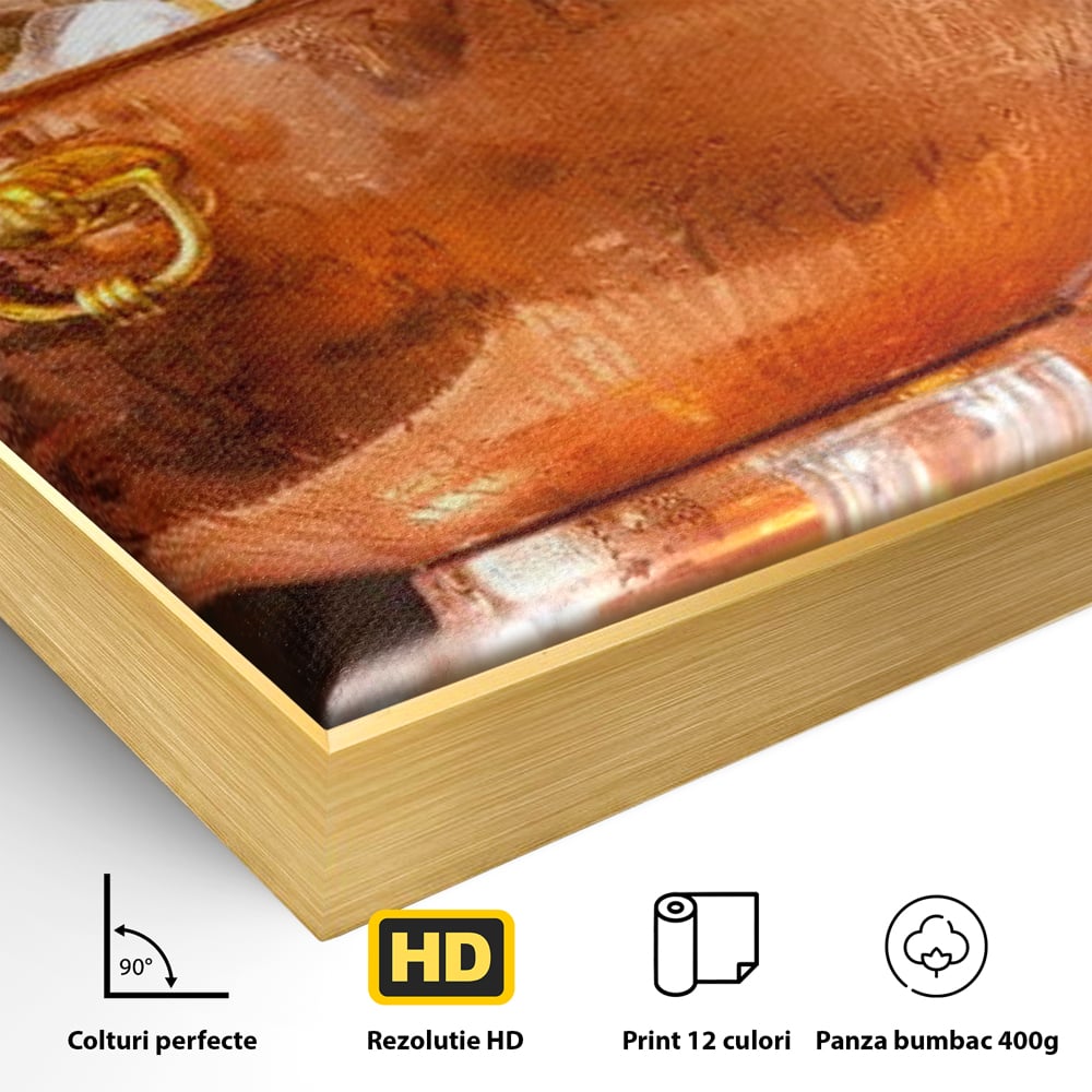 Detaliu al suprafetei: tablou canvas cu sticle in frapiera de cupru, in rama de aluminiu auriu