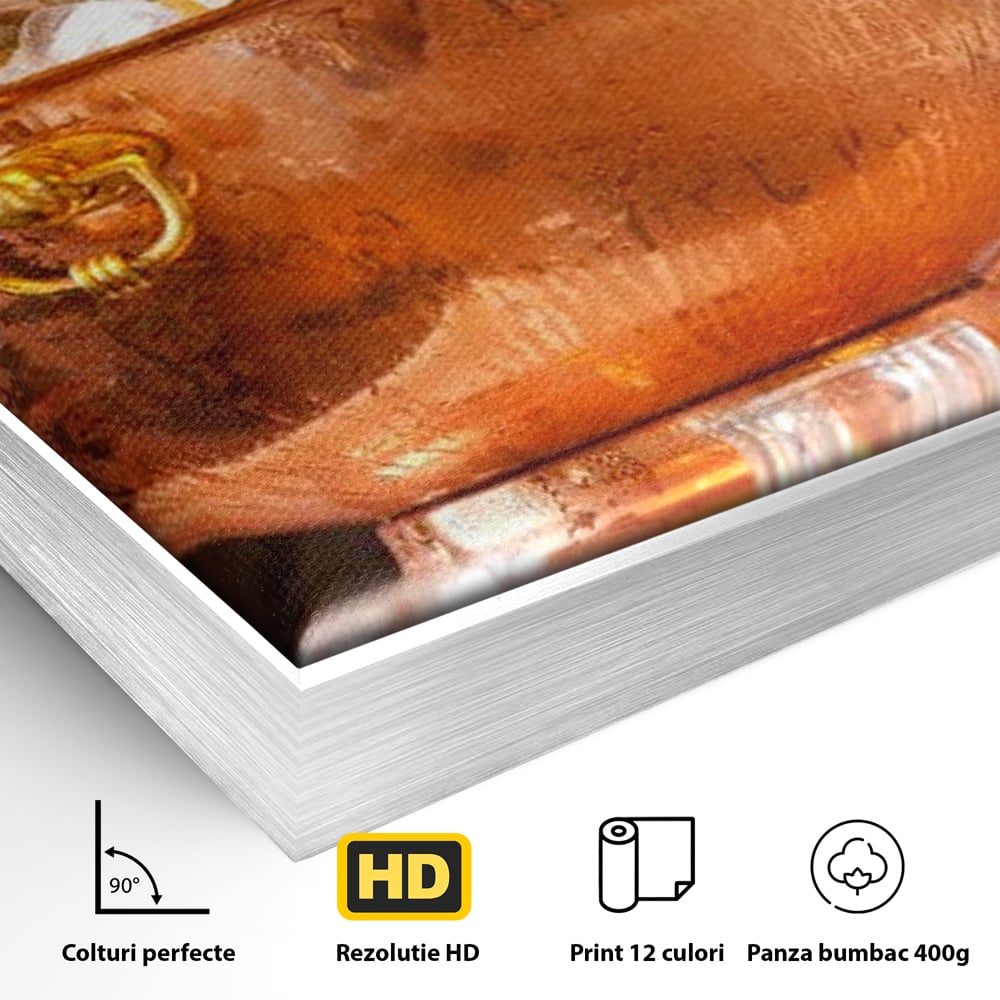 Detaliu al suprafetei: tablou canvas cu sticle in frapiera de cupru, in rama de aluminiu argintiu