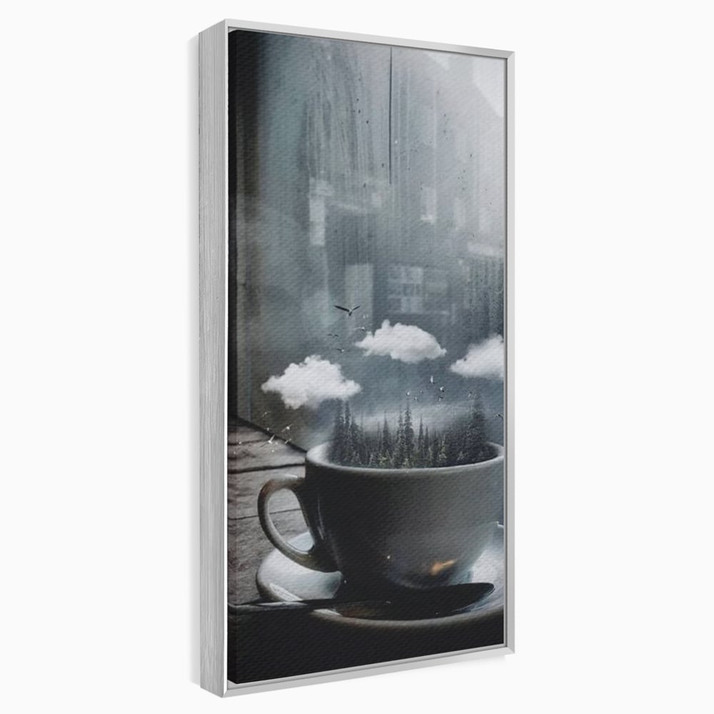 Tablou canvas cu ceasca de cafea cu padure si nori, in rama de aluminiu argintiu