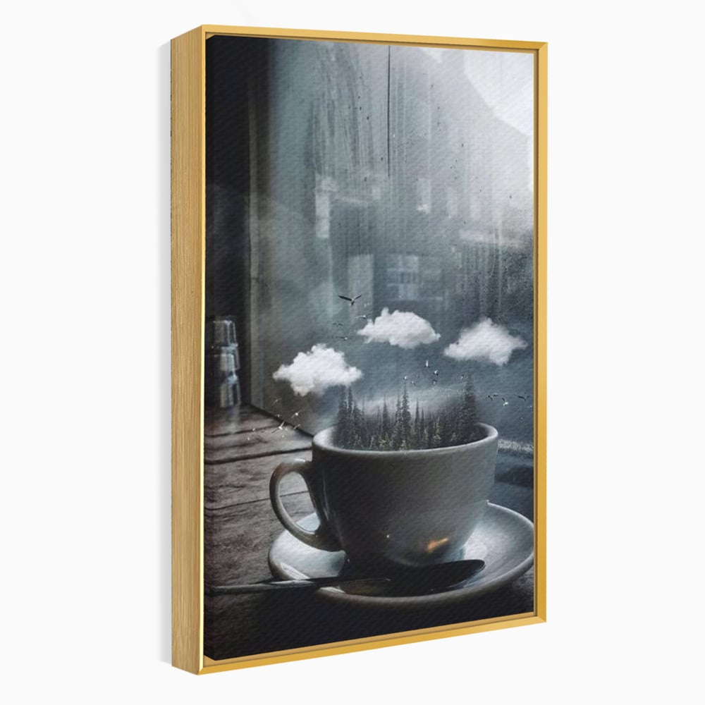 Tablou canvas cu ceasca de cafea cu padure si nori, in rama de aluminiu auriu