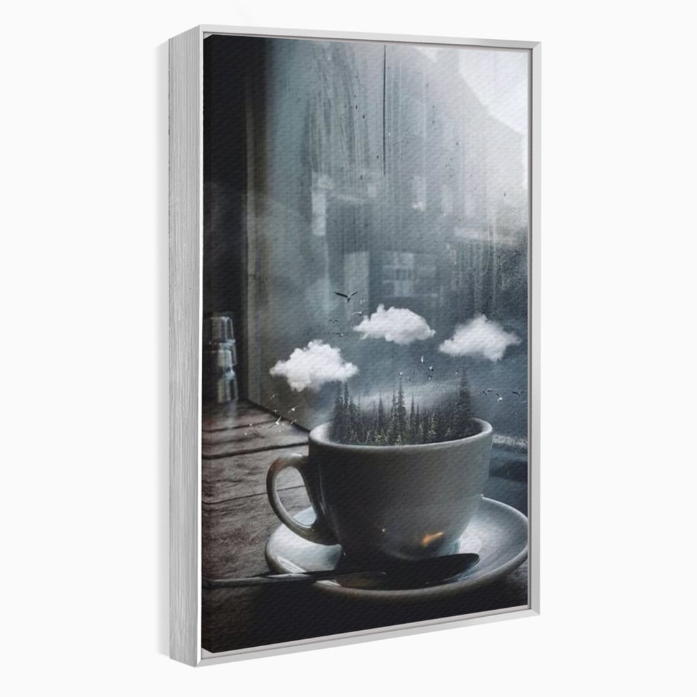Tablou canvas cu ceasca de cafea cu padure si nori, in rama de aluminiu argintiu