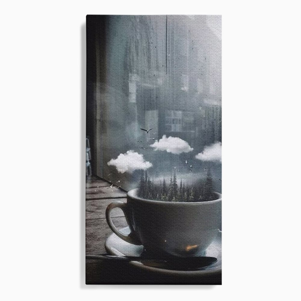 Tablou canvas cu ceasca de cafea cu padure si nori, fara rama, pe sasiu de lemn
