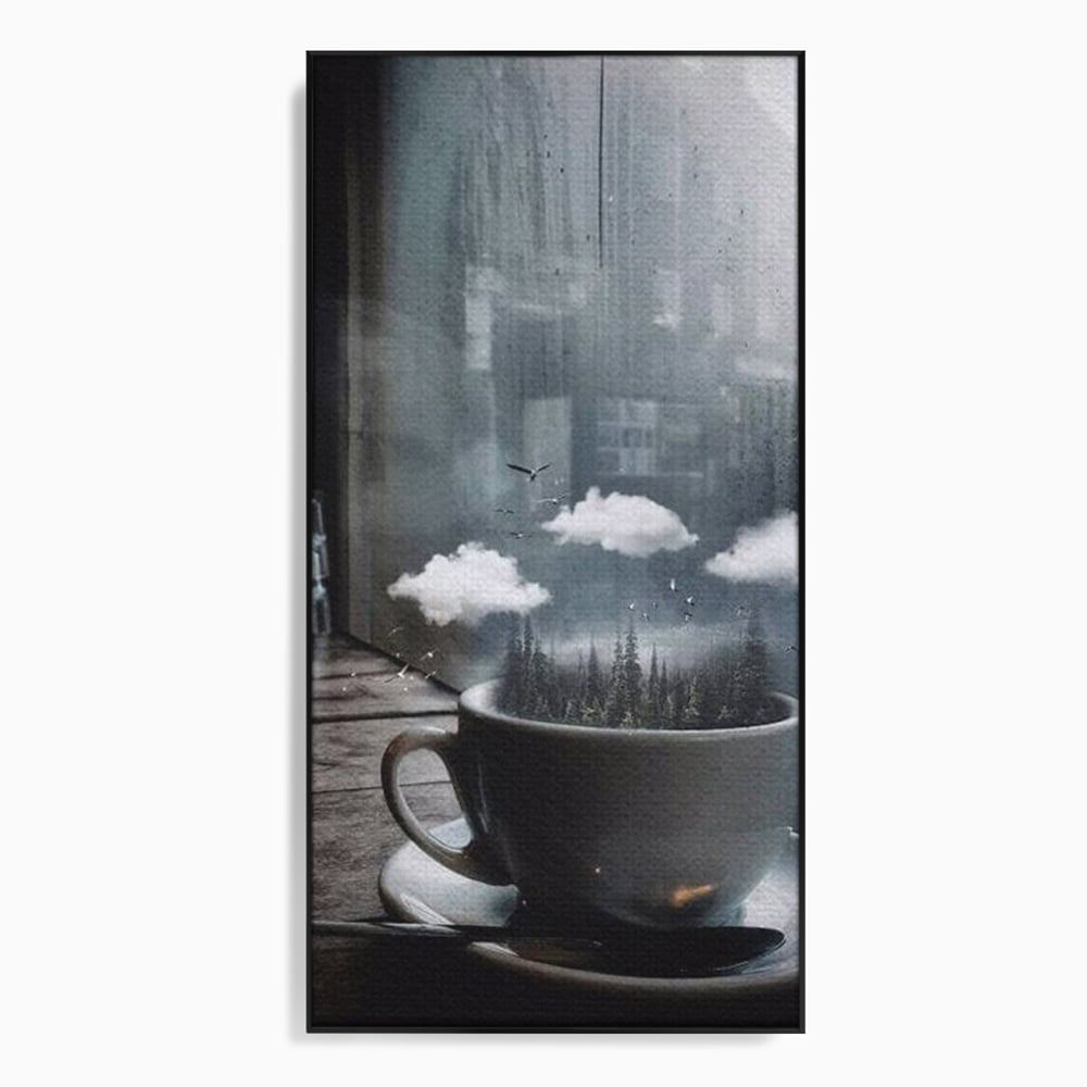 Tablou canvas cu ceasca de cafea cu padure si nori, in rama de aluminiu negru