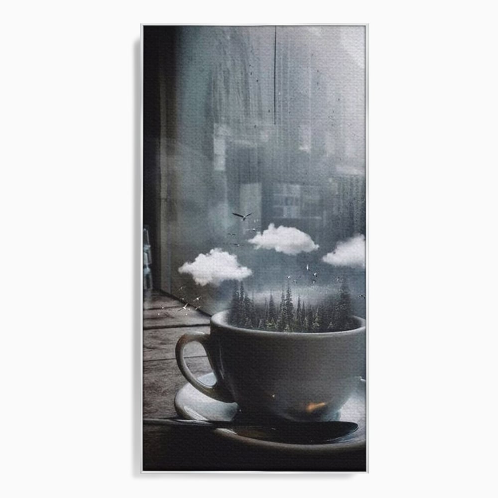 Tablou canvas cu ceasca de cafea cu padure si nori, in rama de aluminiu argintiu