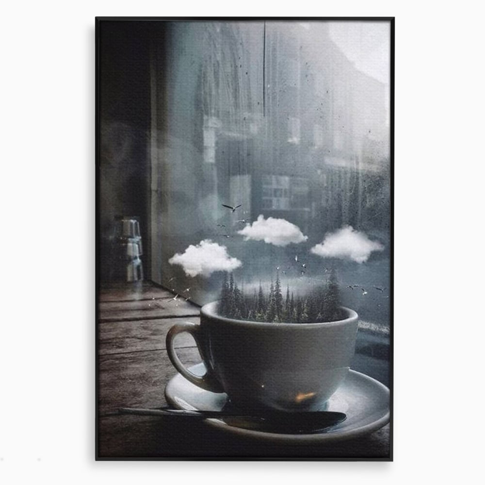Tablou canvas cu ceasca de cafea cu padure si nori, in rama de aluminiu negru