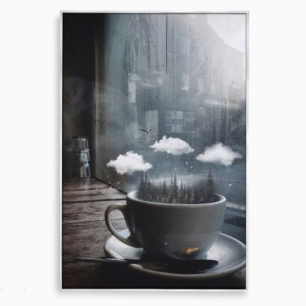 Tablou canvas cu ceasca de cafea cu padure si nori, in rama de aluminiu argintiu