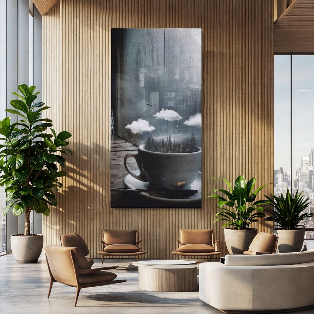Tablou canvas cu ceasca de cafea cu padure si nori, fara rama, pe sasiu de lemn, pe perete intr-un birou