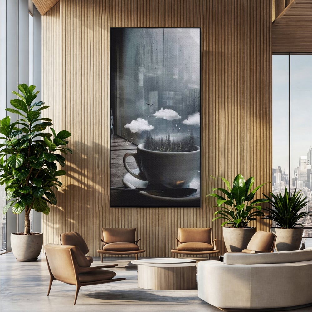Tablou canvas cu ceasca de cafea cu padure si nori, in rama de aluminiu negru, pe perete intr-un birou
