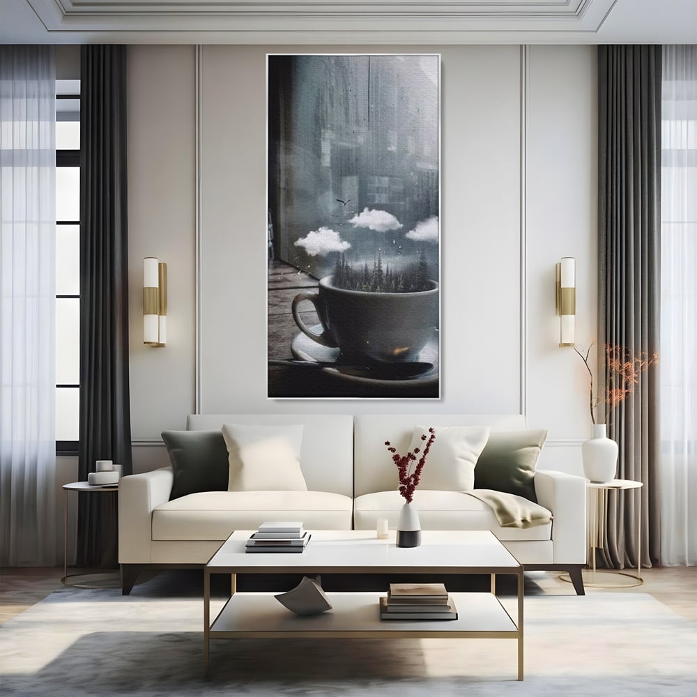 Tablou canvas cu ceasca de cafea cu padure si nori, in rama de aluminiu argintiu, pe perete intr-un living