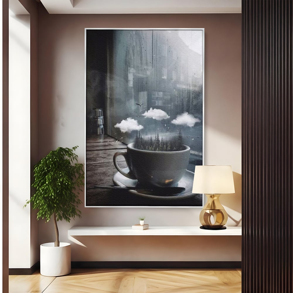 Tablou canvas cu ceasca de cafea cu padure si nori, in rama de aluminiu argintiu