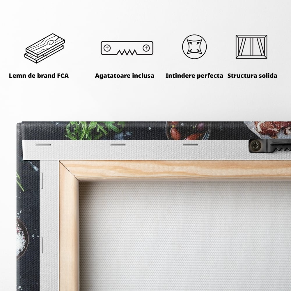 Spatele produsului, cu sasiu din lemn, capse metalice si agatatoare