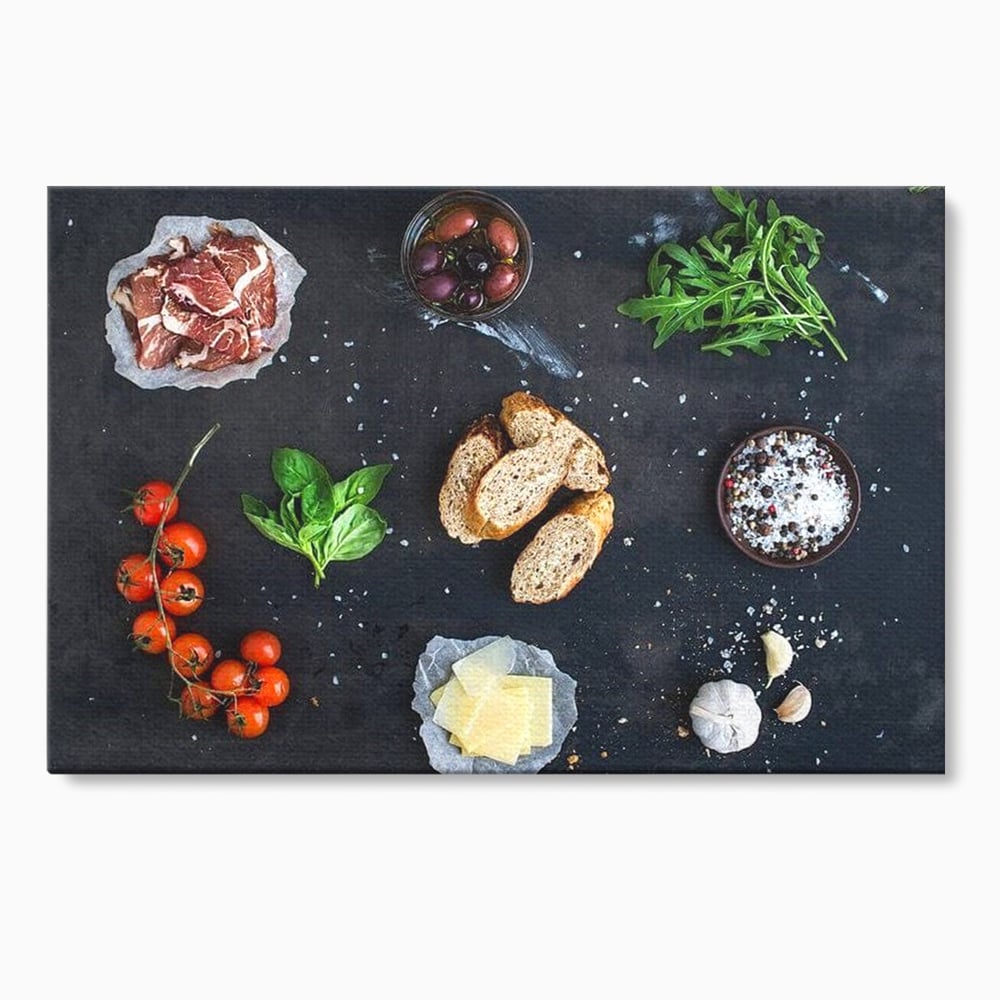 Tablou canvas cu natura moarta cu ingrediente italiene, fara rama, pe sasiu de lemn