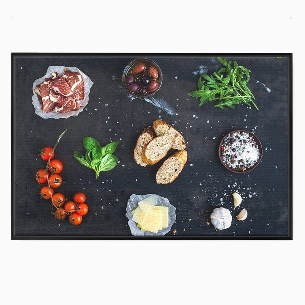 Tablou canvas cu natura moarta cu ingrediente italiene, in rama de aluminiu negru