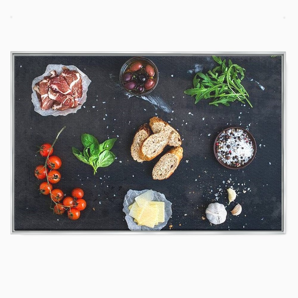 Tablou canvas cu natura moarta cu ingrediente italiene, in rama de aluminiu argintiu