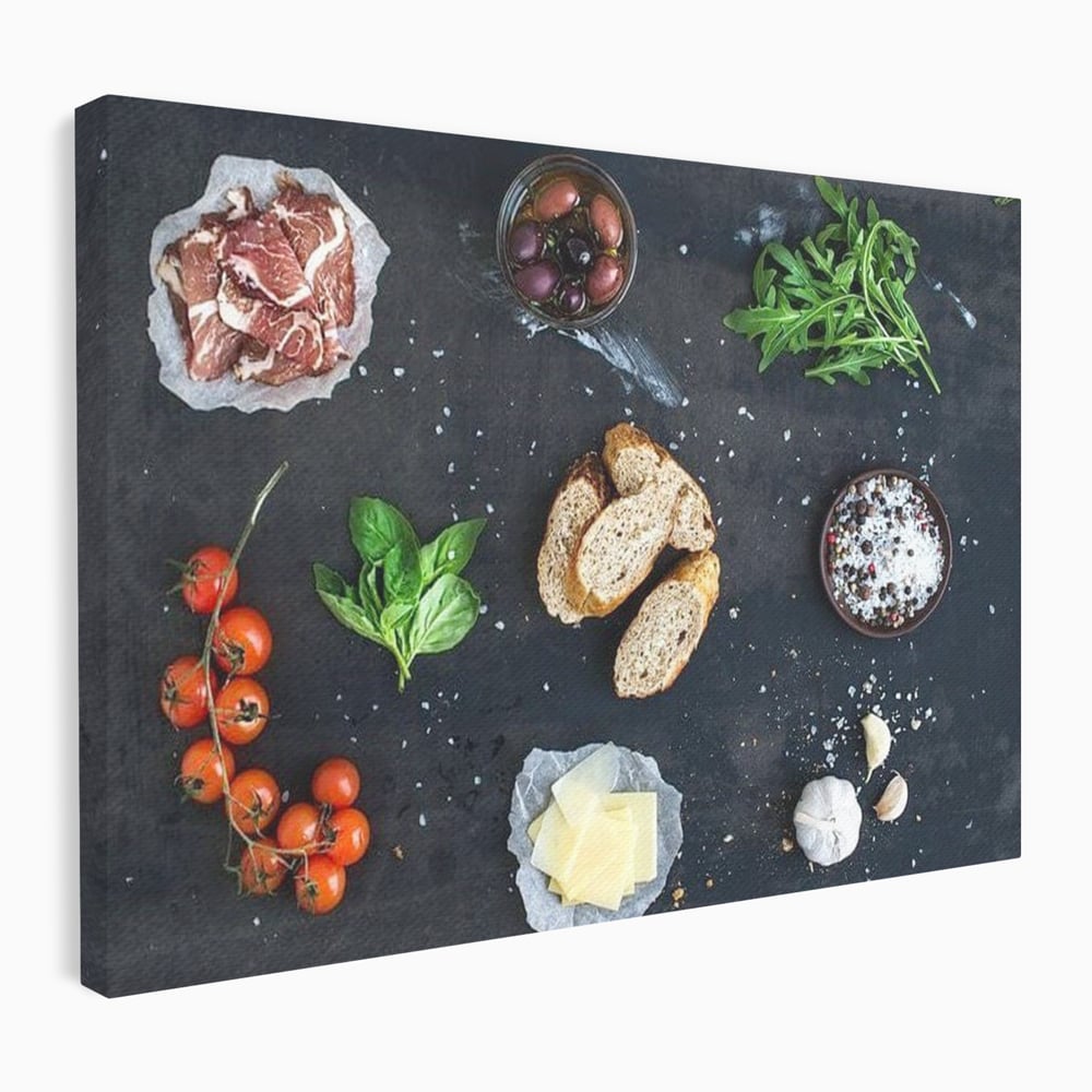 Tablou canvas cu natura moarta cu ingrediente italiene, fara rama, pe sasiu de lemn