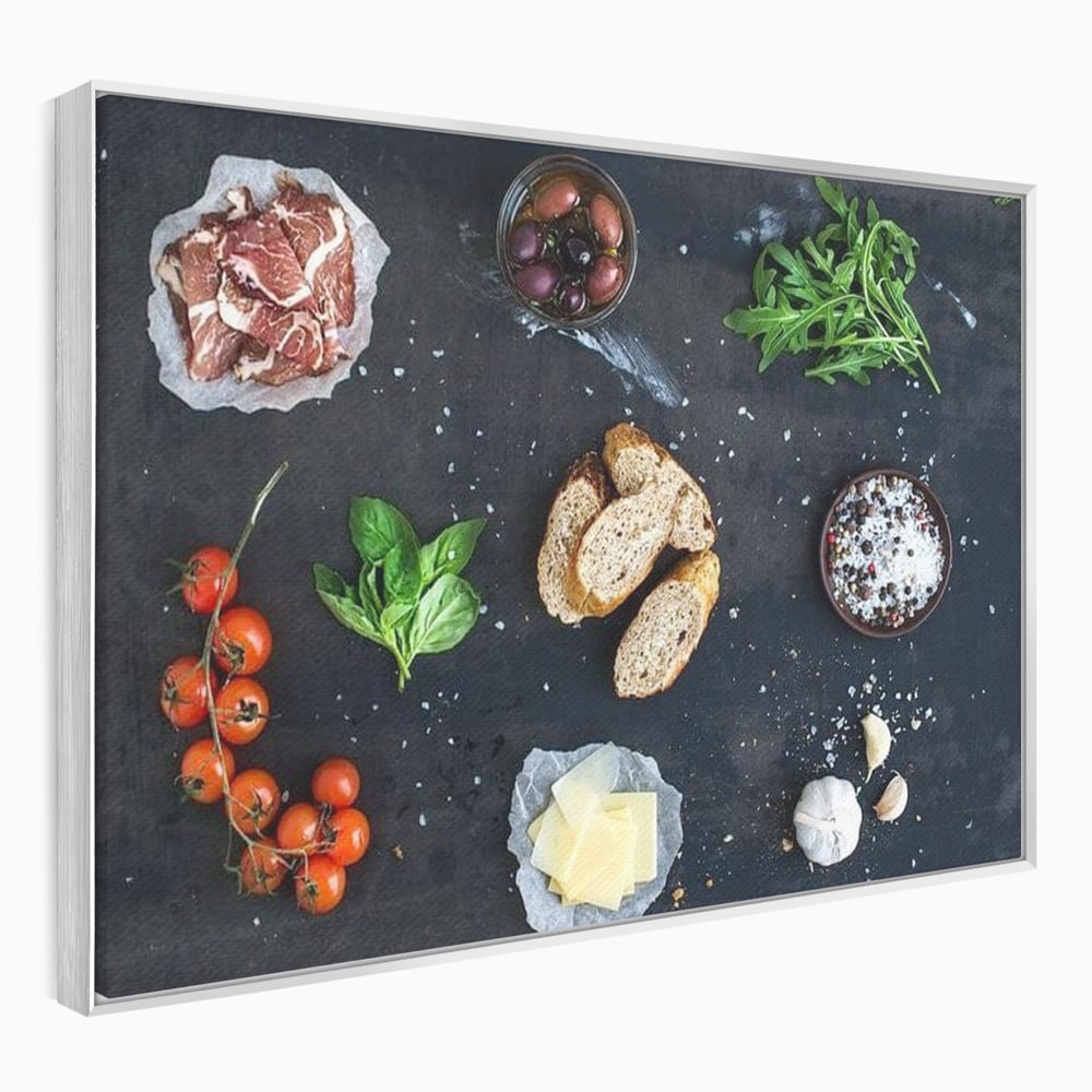 Tablou canvas cu natura moarta cu ingrediente italiene, in rama de aluminiu argintiu