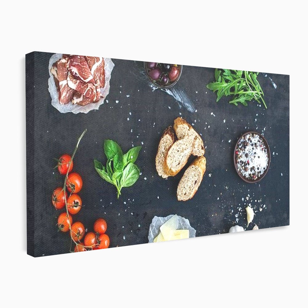 Tablou canvas cu natura moarta cu ingrediente italiene, fara rama, pe sasiu de lemn