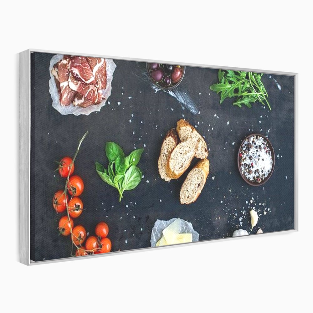 Tablou canvas cu natura moarta cu ingrediente italiene, in rama de aluminiu argintiu