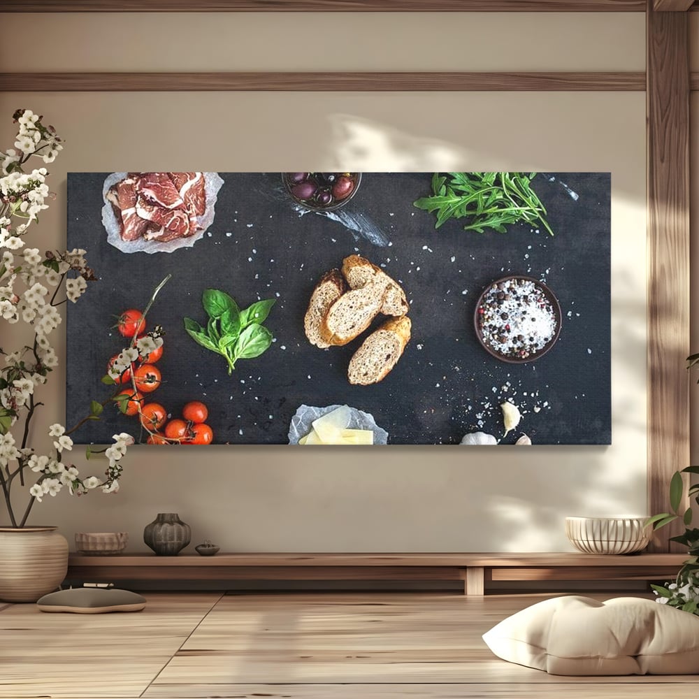 Tablou canvas cu natura moarta cu ingrediente italiene, fara rama, pe sasiu de lemn