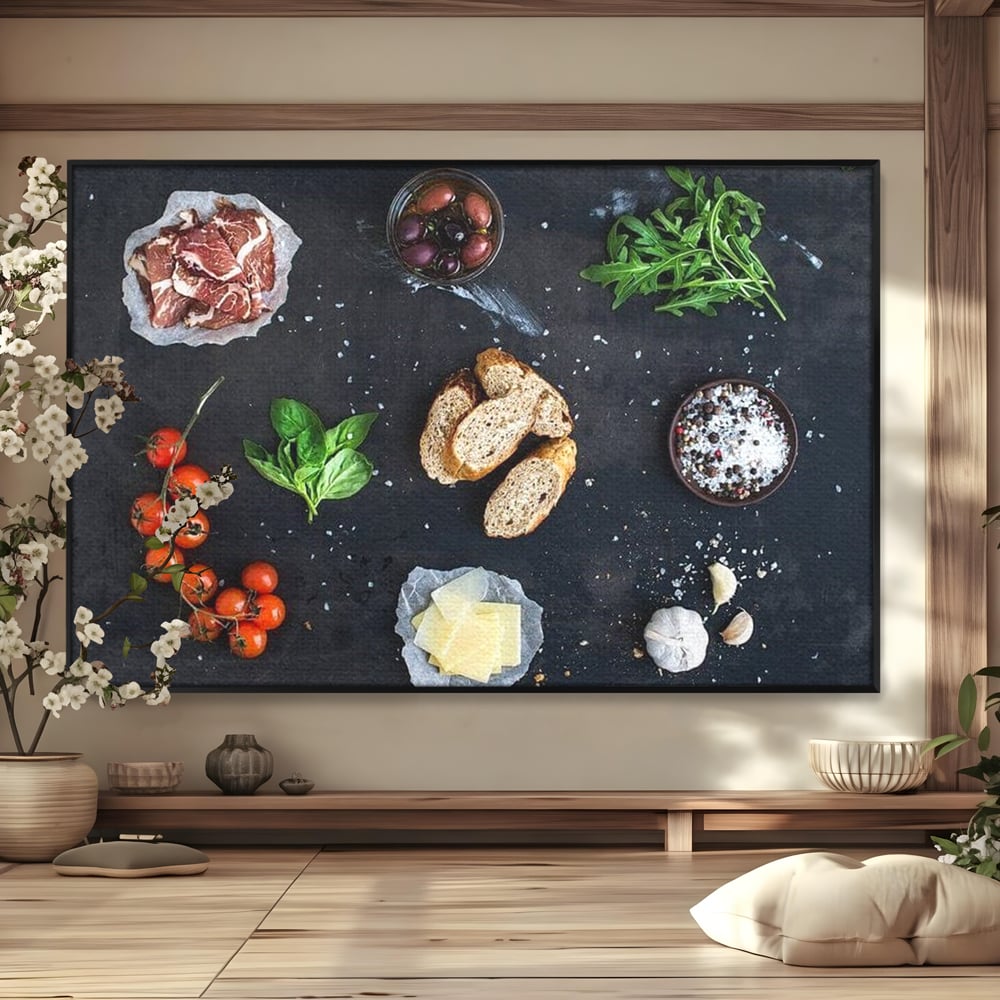 Tablou canvas cu natura moarta cu ingrediente italiene, in rama de aluminiu negru
