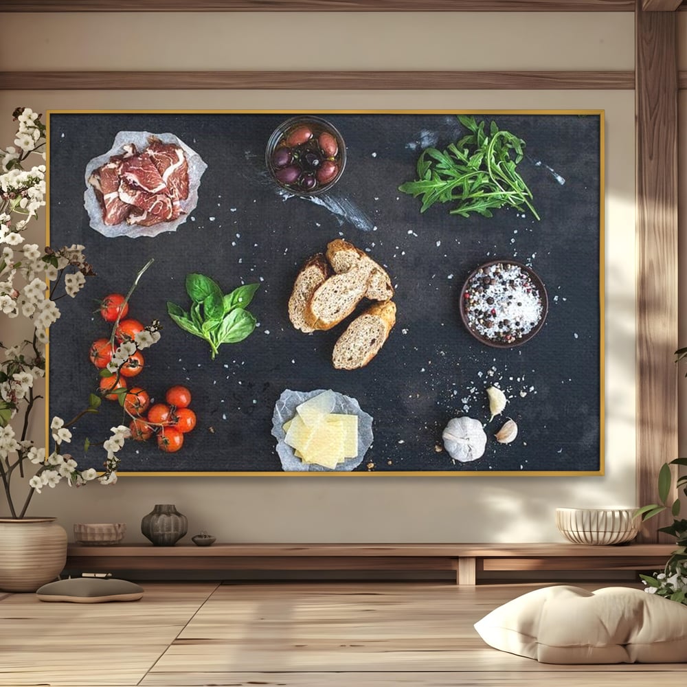 Tablou canvas cu natura moarta cu ingrediente italiene, in rama de aluminiu auriu