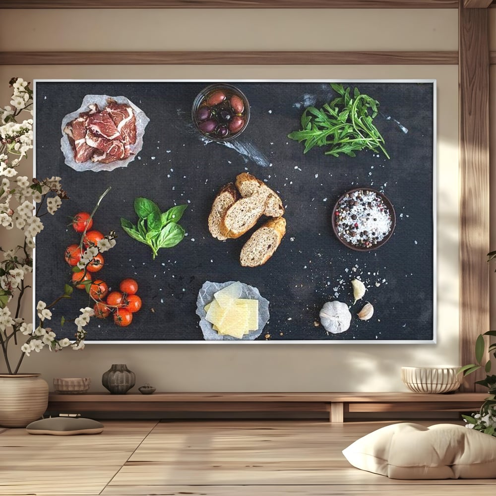 Tablou canvas cu natura moarta cu ingrediente italiene, in rama de aluminiu argintiu
