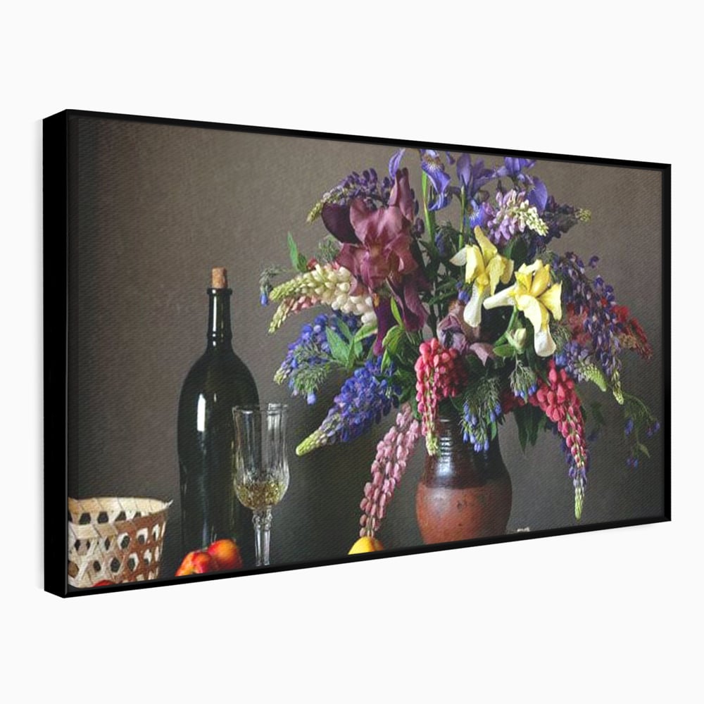 Tablou canvas cu natura statica cu flori si vin, in rama de aluminiu negru