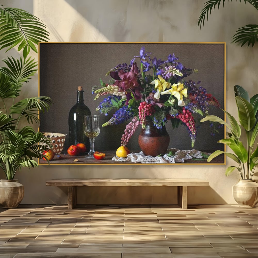 Tablou canvas cu natura statica cu flori si vin, in rama de aluminiu auriu