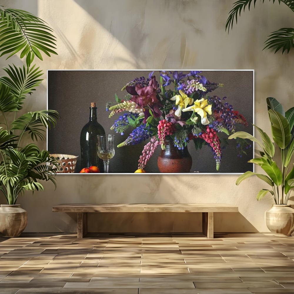 Tablou canvas cu natura statica cu flori si vin, in rama de aluminiu argintiu