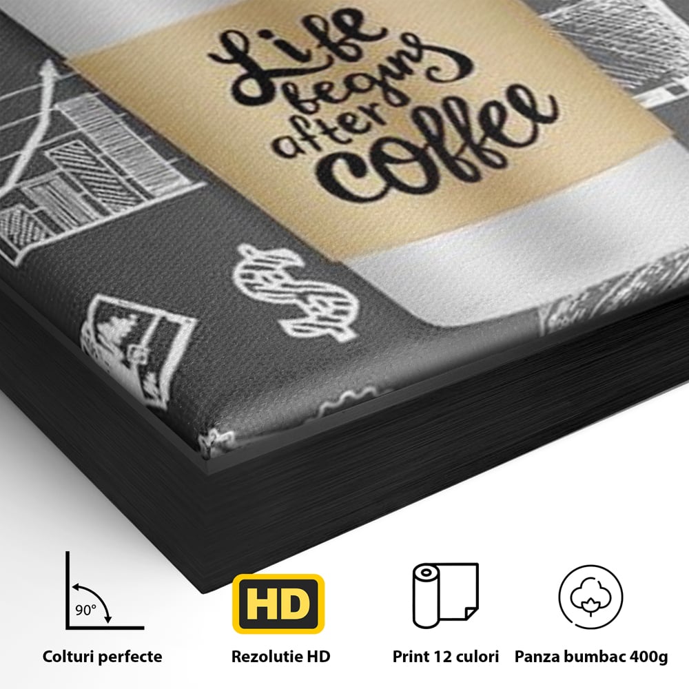 Detaliu al suprafetei: ilustratie tip tabla cu cafea, in rama de aluminiu negru