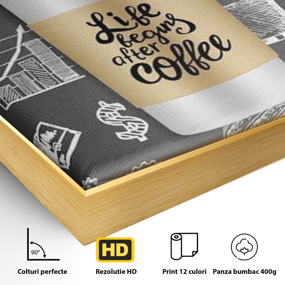 Detaliu al suprafetei: ilustratie tip tabla cu cafea, in rama de aluminiu auriu