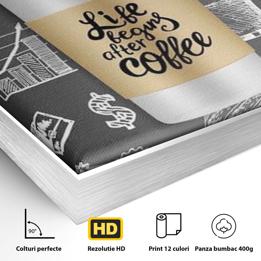 Detaliu al suprafetei: ilustratie tip tabla cu cafea, in rama de aluminiu argintiu