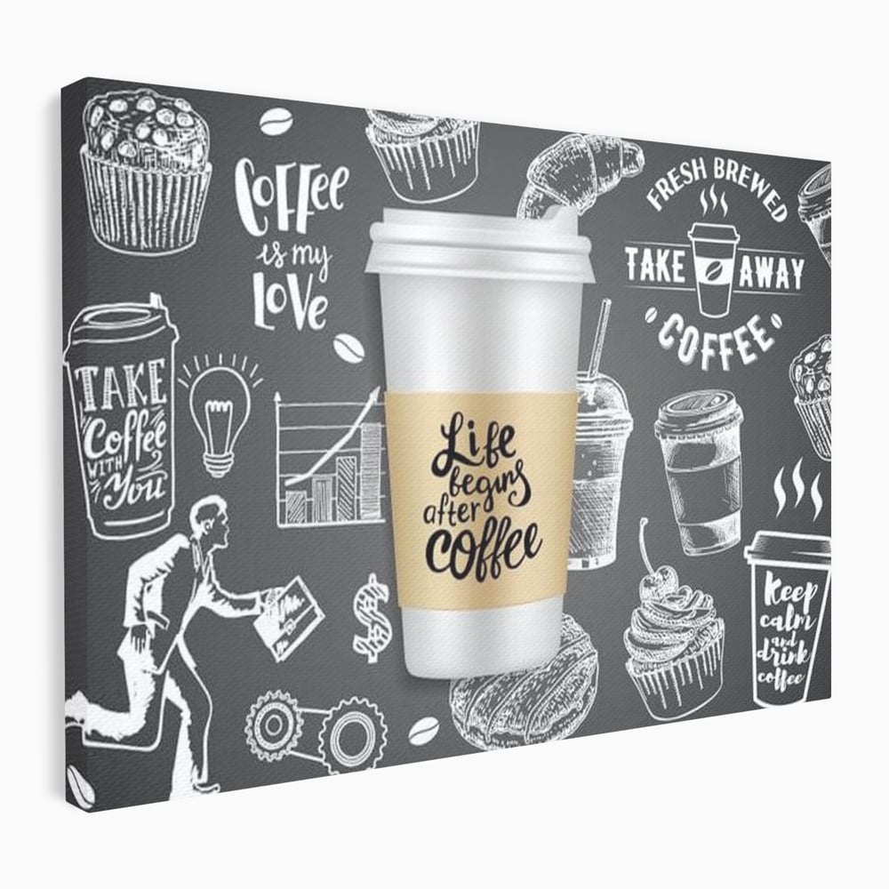 Tablou canvas cu ilustratie tip tabla cu cafea, fara rama, pe sasiu de lemn