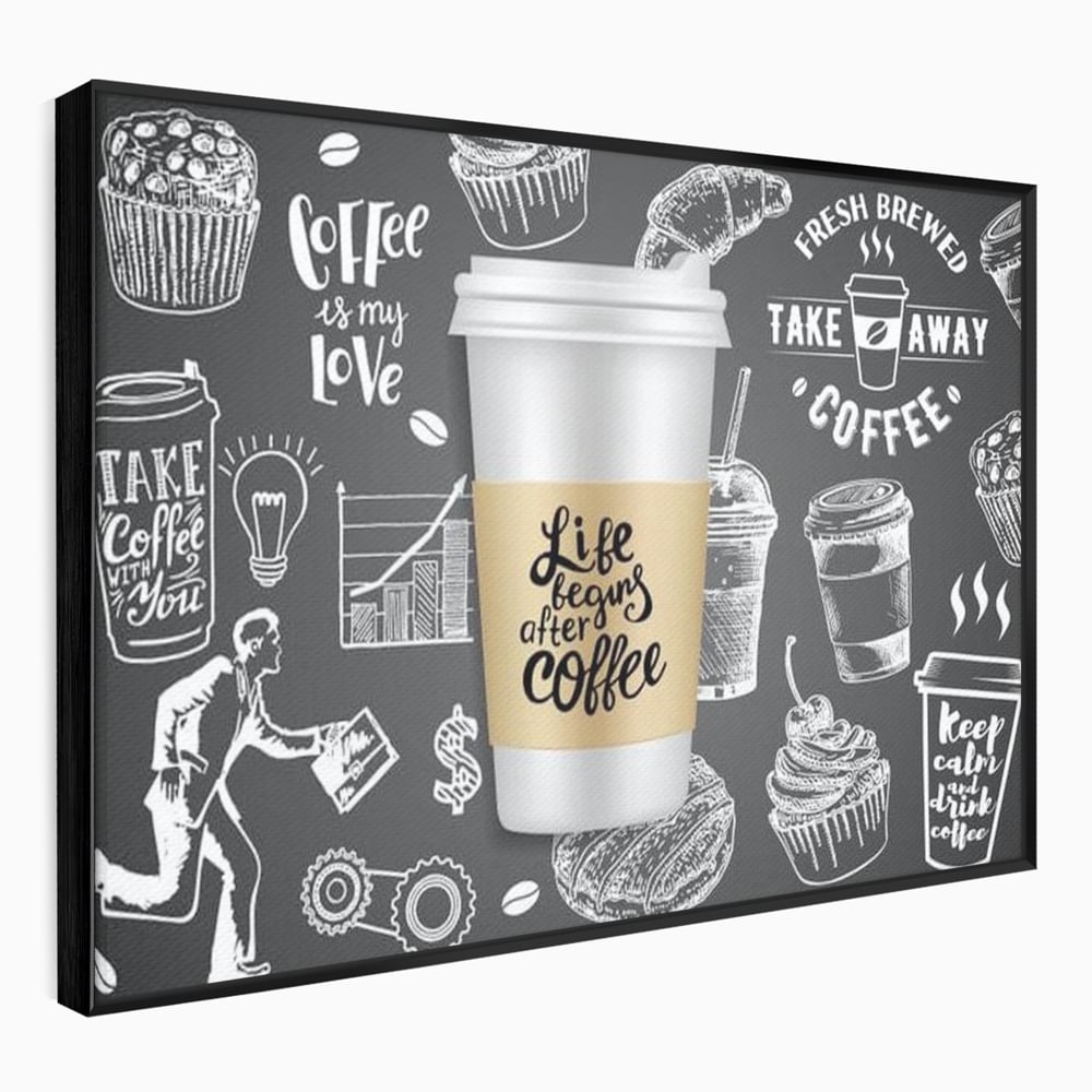 Tablou canvas cu ilustratie tip tabla cu cafea, in rama de aluminiu negru