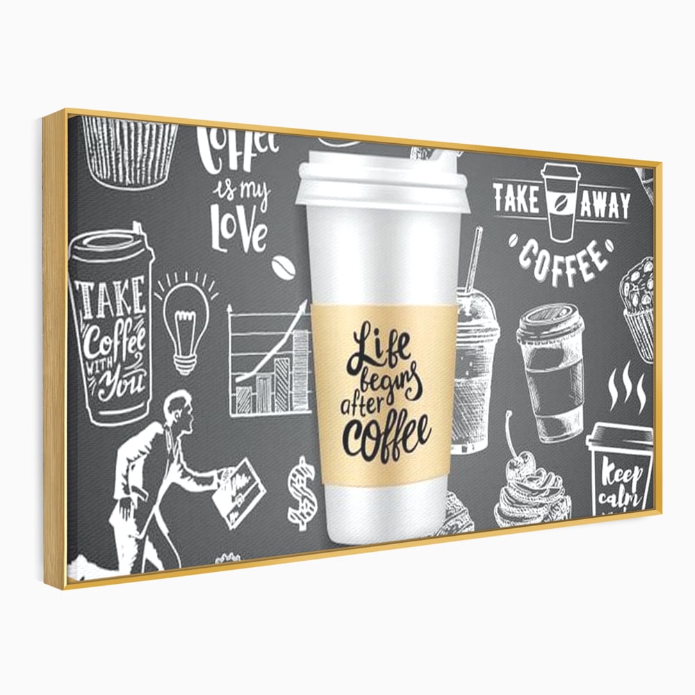 Tablou canvas cu ilustratie tip tabla cu cafea, in rama de aluminiu auriu