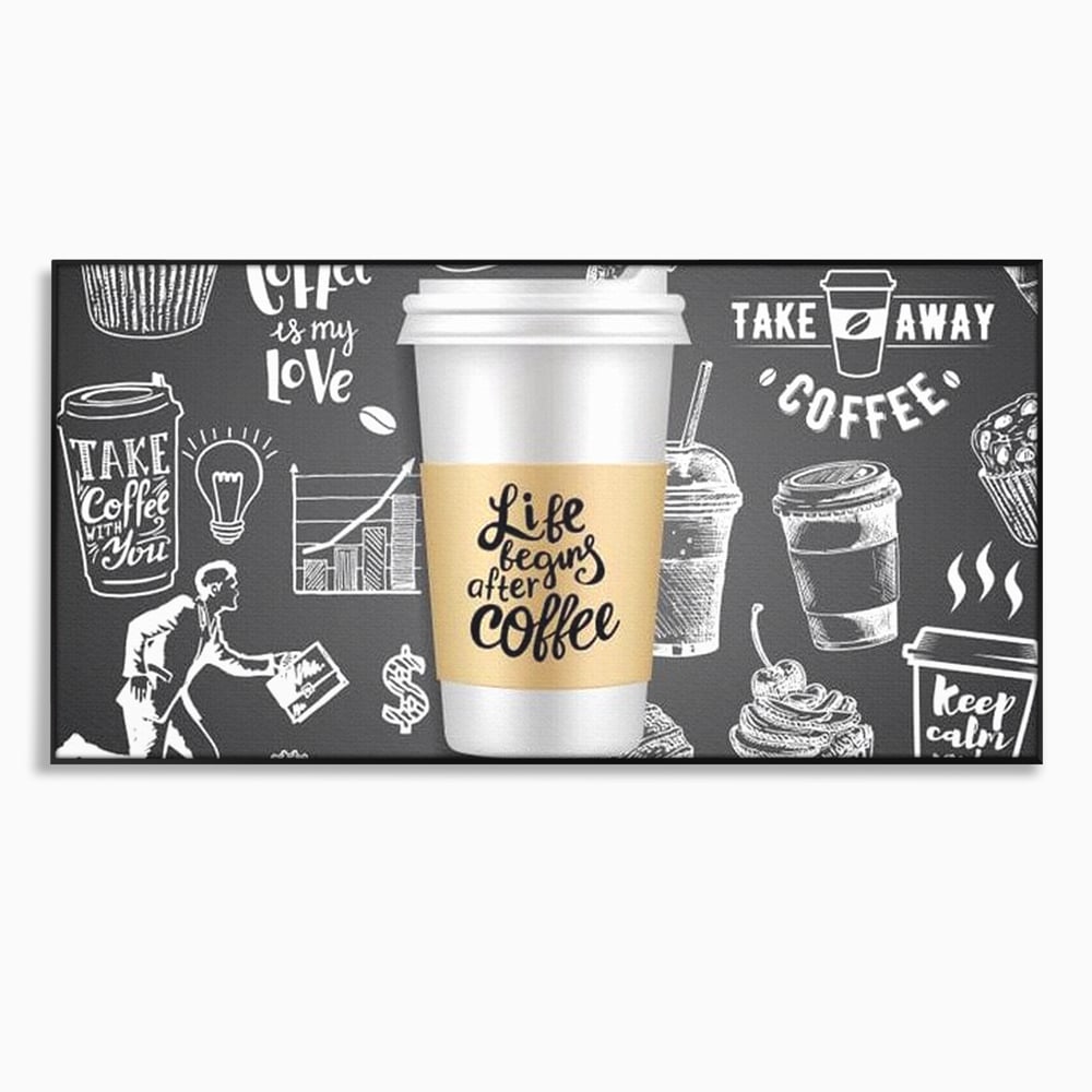 Tablou canvas cu ilustratie tip tabla cu cafea, in rama de aluminiu negru