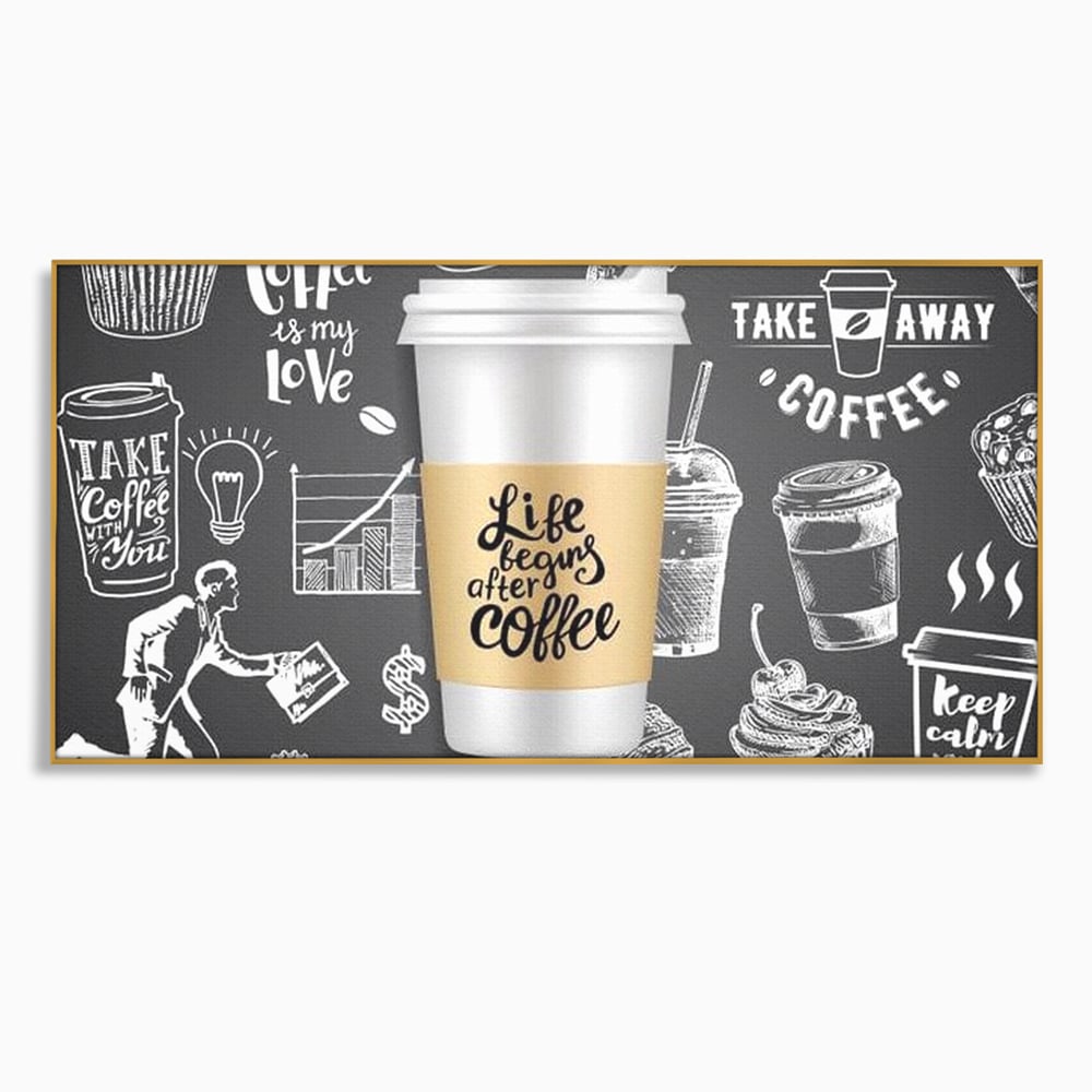 Tablou canvas cu ilustratie tip tabla cu cafea, in rama de aluminiu auriu