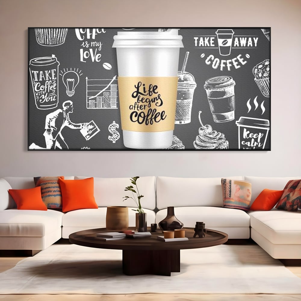 Tablou canvas cu ilustratie tip tabla cu cafea, in rama de aluminiu negru, pe perete intr-un living