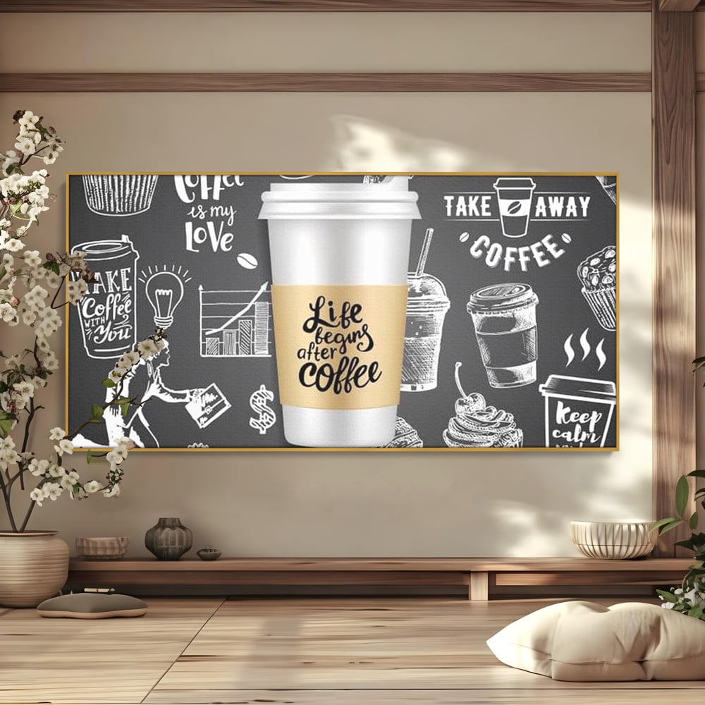 Tablou canvas cu ilustratie tip tabla cu cafea, in rama de aluminiu auriu