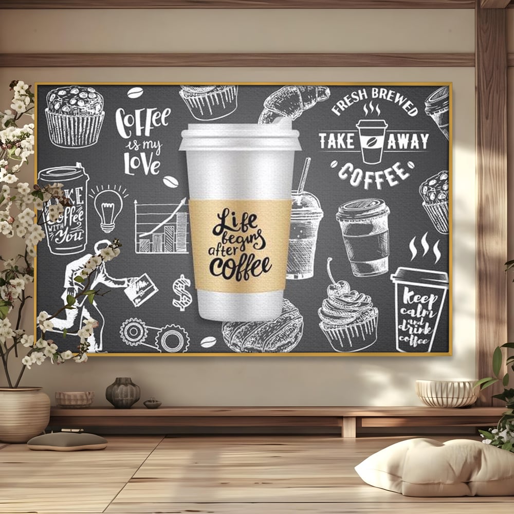 Tablou canvas cu ilustratie tip tabla cu cafea, in rama de aluminiu auriu