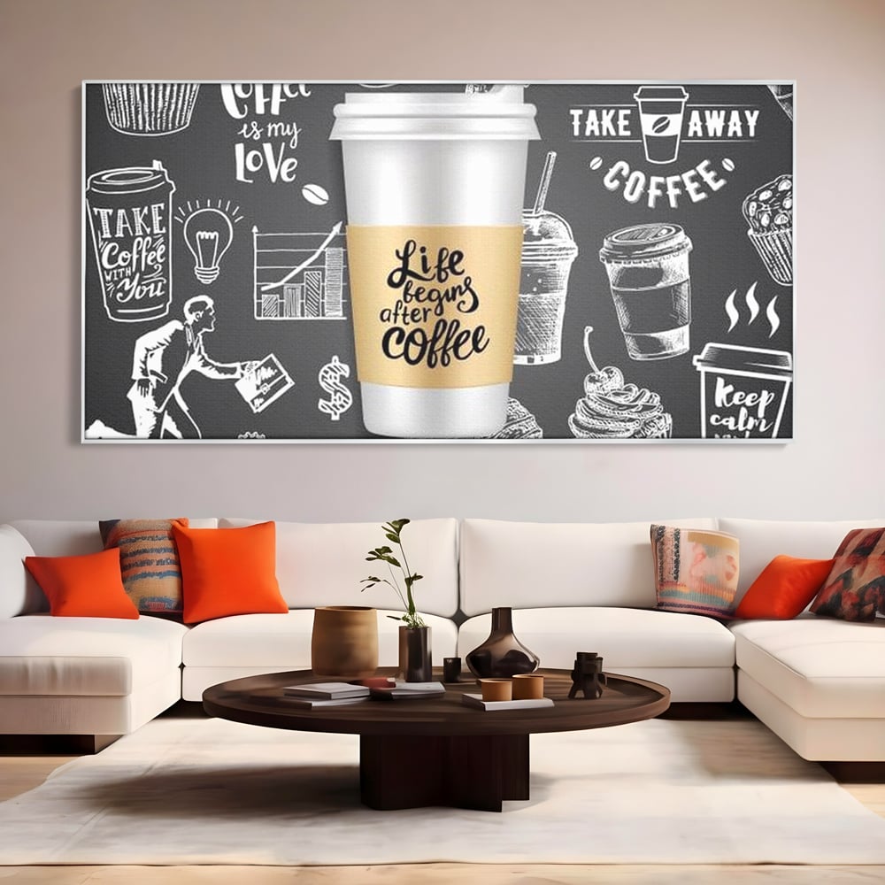 Tablou canvas cu ilustratie tip tabla cu cafea, in rama de aluminiu argintiu, pe perete intr-un living