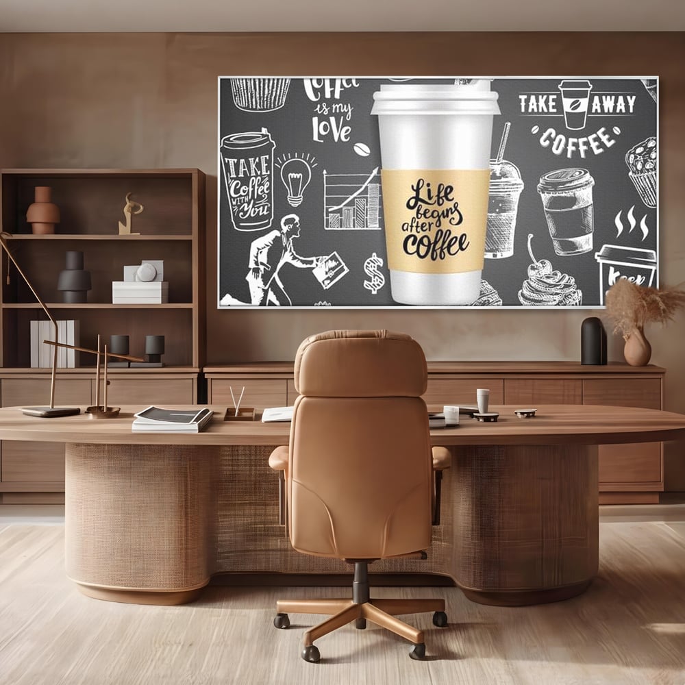Tablou canvas cu ilustratie tip tabla cu cafea, in rama de aluminiu argintiu, pe perete intr-un birou