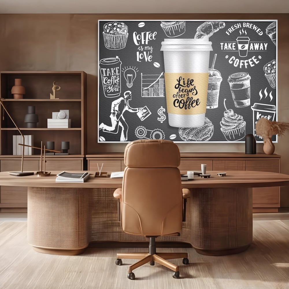 Tablou canvas cu ilustratie tip tabla cu cafea, in rama de aluminiu argintiu, pe perete intr-un birou