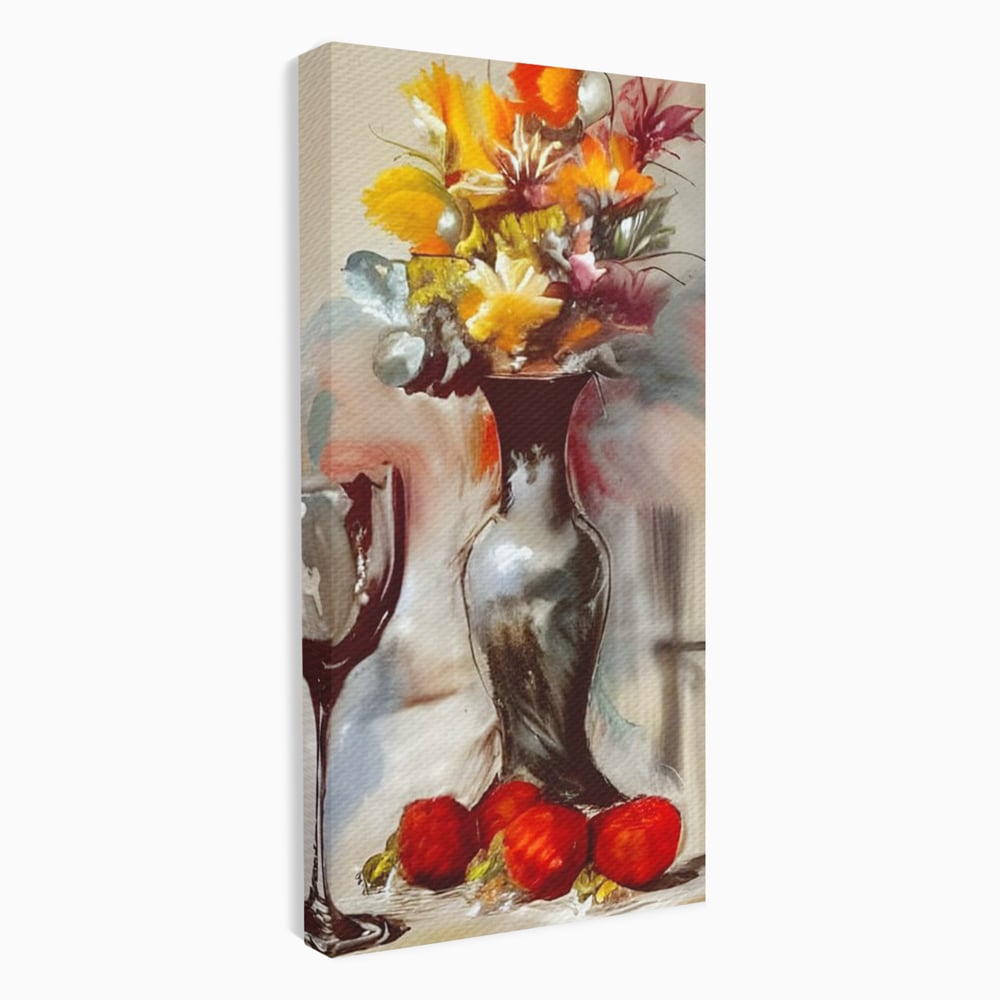 Tablou canvas cu pictura cu vaza, flori si pahar de vin, fara rama, pe sasiu de lemn