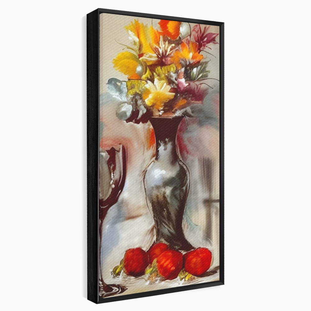 Tablou canvas cu pictura cu vaza, flori si pahar de vin, in rama de aluminiu negru