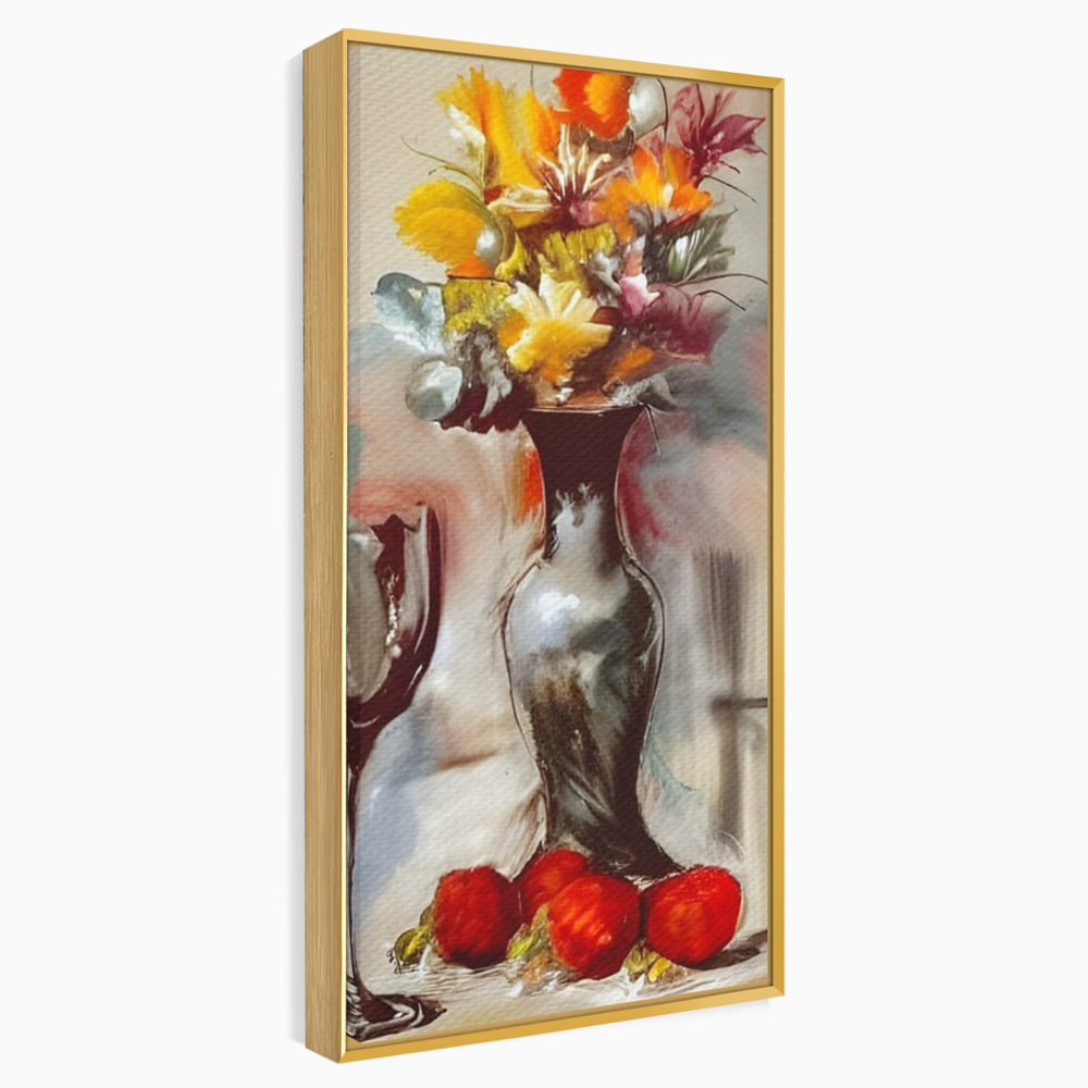 Tablou canvas cu pictura cu vaza, flori si pahar de vin, in rama de aluminiu auriu