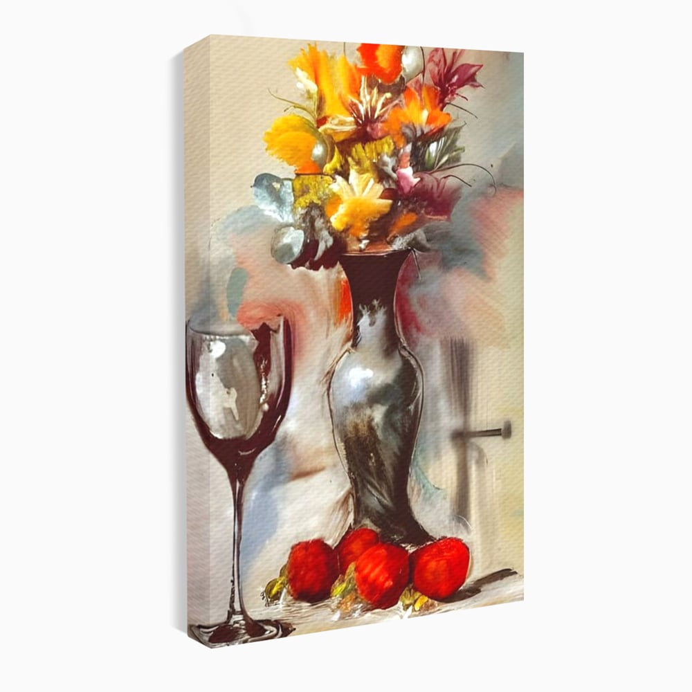 Tablou canvas cu pictura cu vaza, flori si pahar de vin, fara rama, pe sasiu de lemn